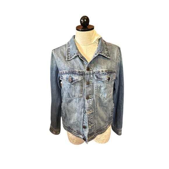 Blank NYC Medium Wash Denim Jacket Studden Jean Collared Sz M Button Down - Picture 1 of 9